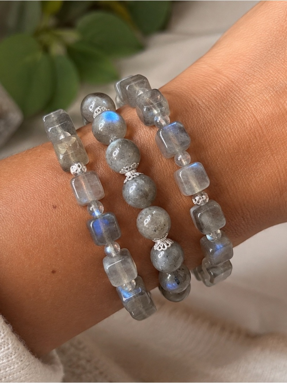 3-Piece Natural Labradorite Bracelet Stack 
| Sterling Silver | Blue Flash
